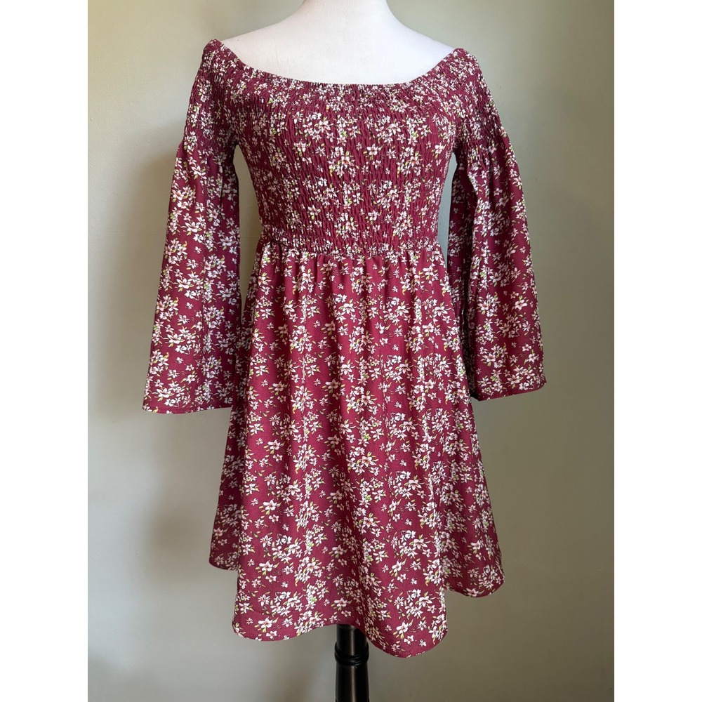 Cottage Floral Smocked Off Shoulder Bell Sleeve Mini Dress boho wh miso dainty‎